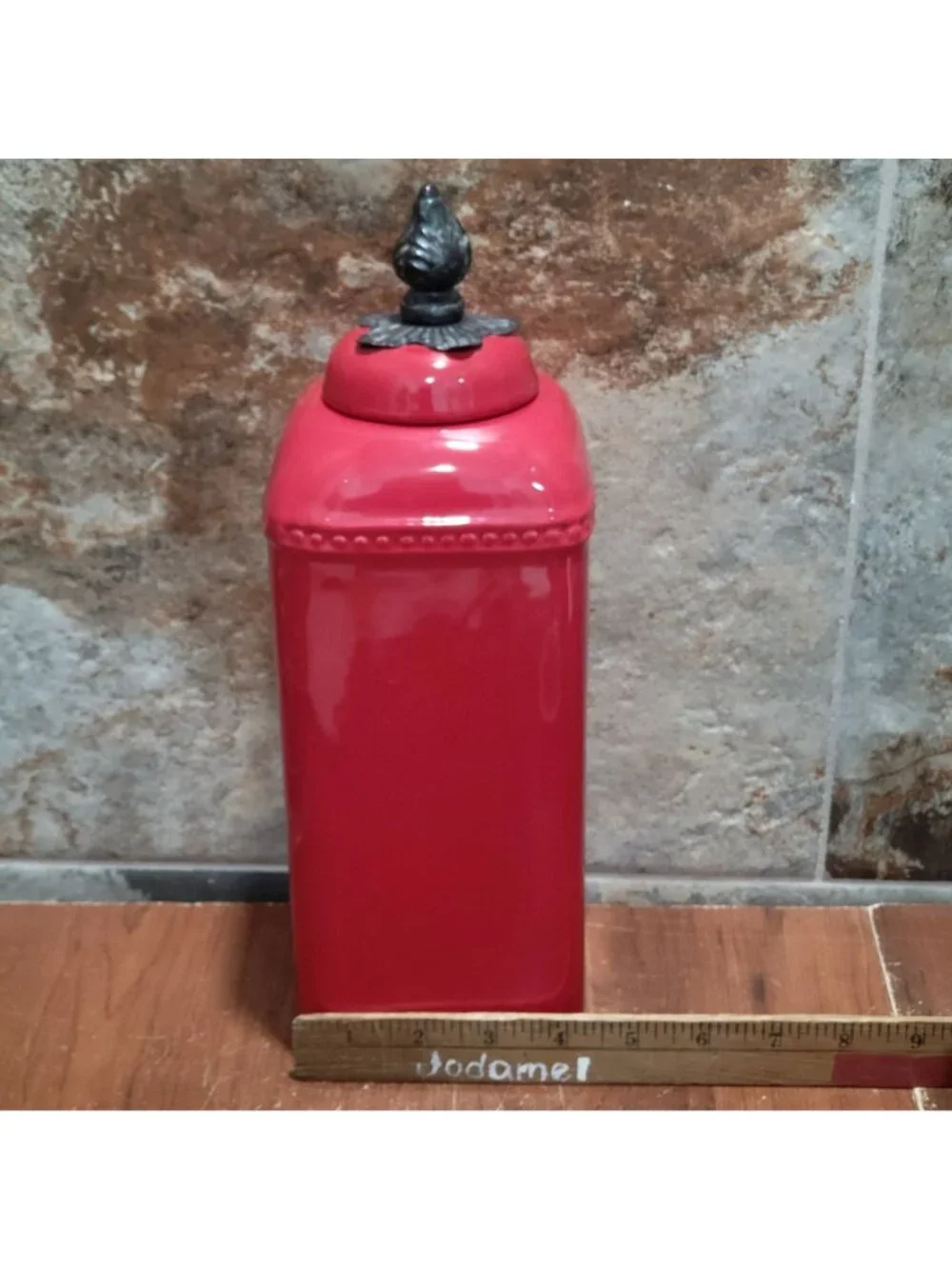 Red Ceramic Kitchen Canister Metal Lily Floral Finial 121/2 Inch Tall